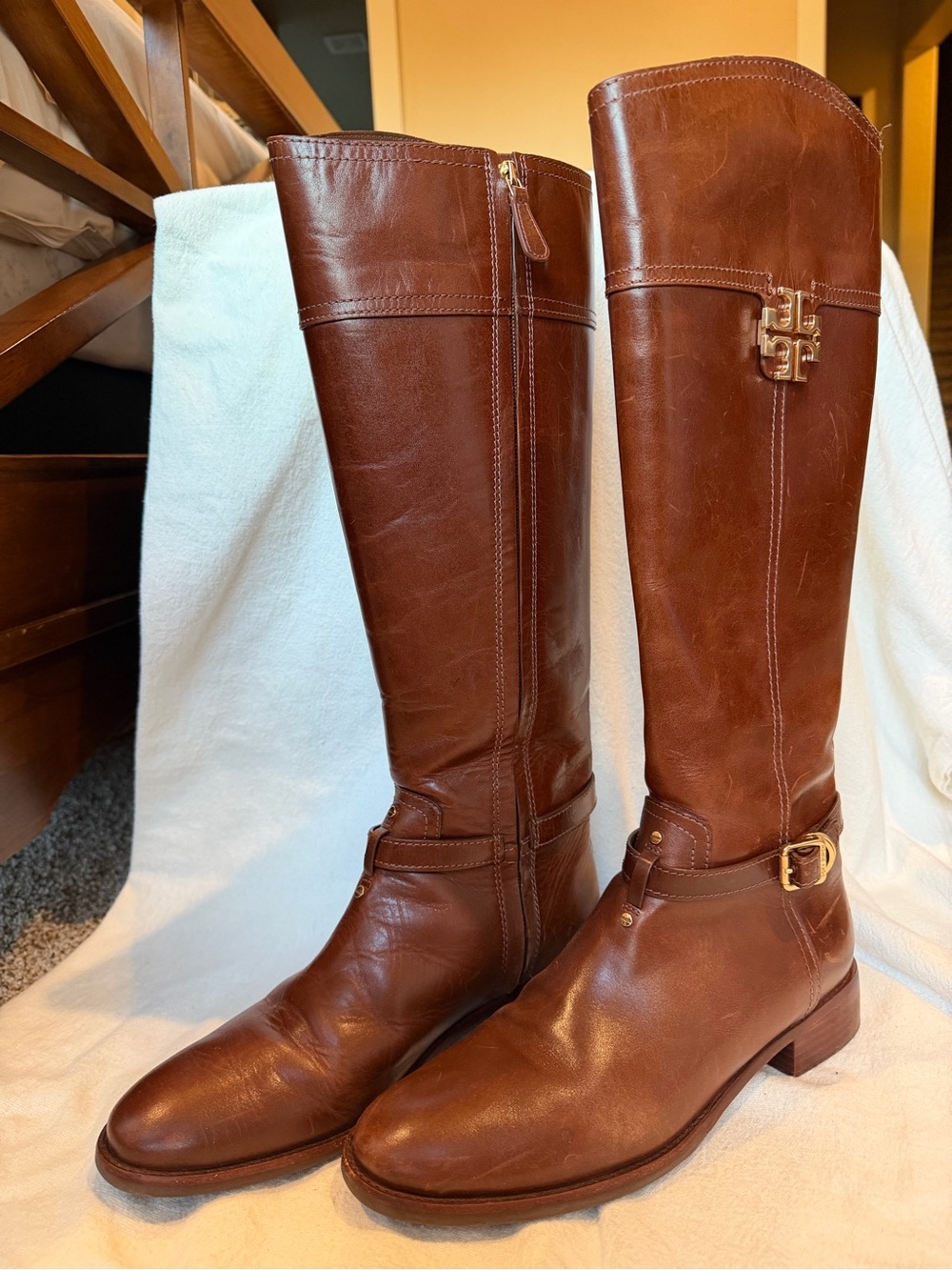 Tory Burch Brown Leather Tall Riding Boots Gold Double T Logo Size 9.5